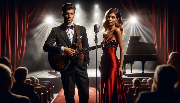 Chanteur en H performant avec une chanteuse en robe rouge, entouré d'un public flou.