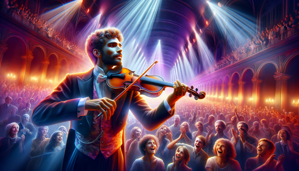 Chanteur Renaud Capuçon en concert, entouré d'un public joyeux et lumineux.