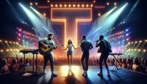 Chanteur en T sur une scène dynamique et colorée avec Taylor Swift, Tarkan et Stromae.