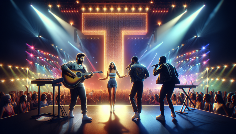 Chanteur en T sur une scène dynamique et colorée avec Taylor Swift, Tarkan et Stromae.