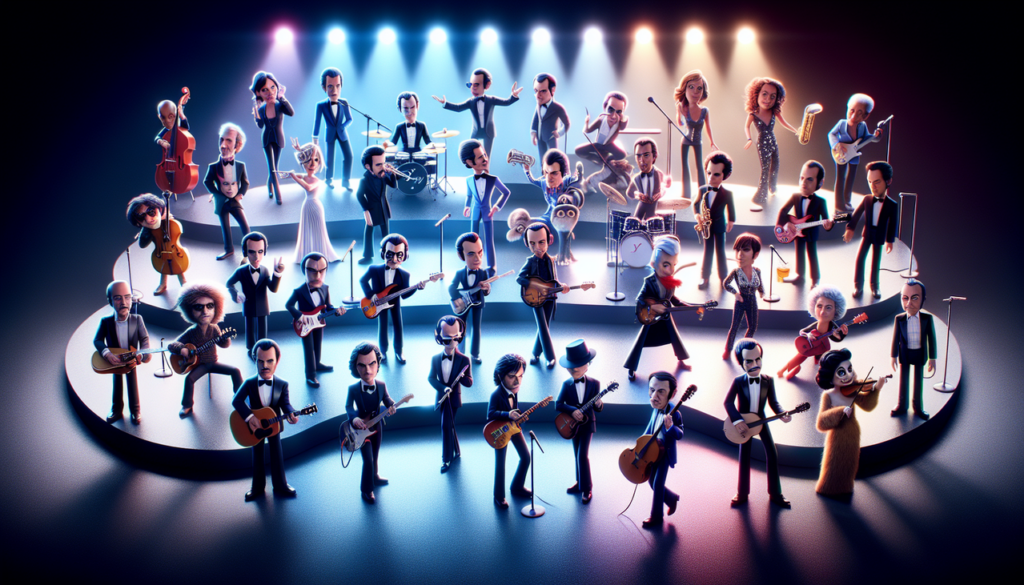 Portrait collage de chanteurs français en Y, vibrants et diversifiés, en tenues iconiques, illuminés de manière dynamique sur fond sombre.