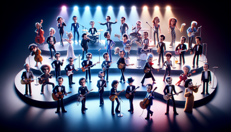 Portrait collage de chanteurs français en Y, vibrants et diversifiés, en tenues iconiques, illuminés de manière dynamique sur fond sombre.
