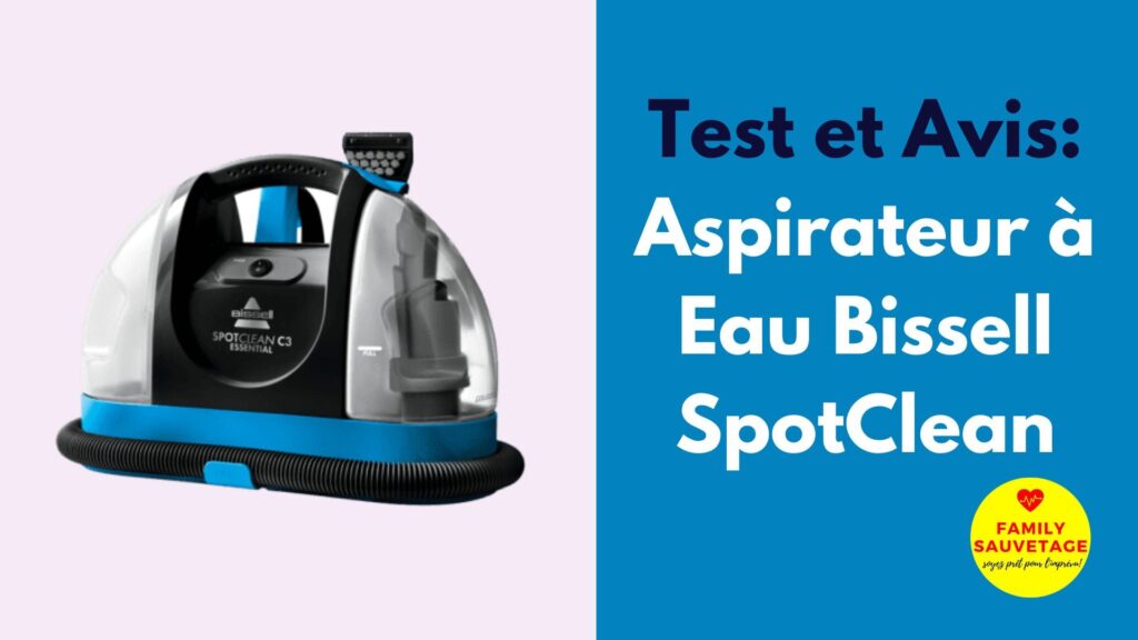 Nettoyeur portable Bissell SpotClean sur un tapis avec produit nettoyant, idéal pour nettoyage domestique