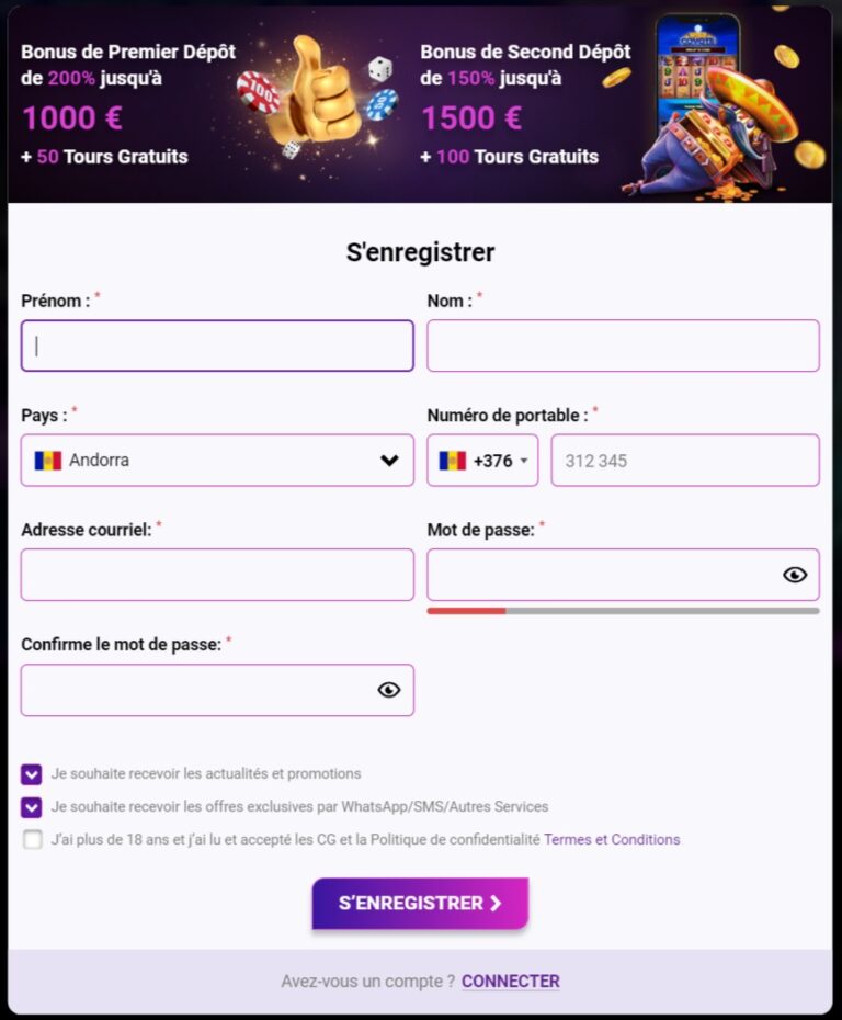 Page d'inscription de Europe Fortune Casino avec offre de bonus sans dépôt