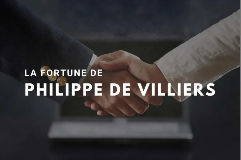 Portrait de Philippe de Villiers avec une estimation de sa fortune en arrière-plan