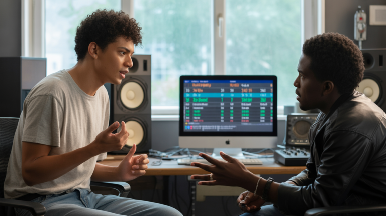 Un chanteur indépendant discute avec un producteur dans un studio d'enregistrement lumineux, entouré d'équipements de musique et d'un écran affichant des statistiques de streaming.