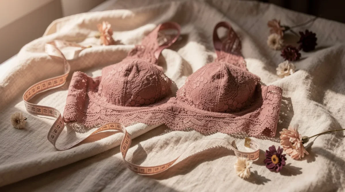 Soutien-gorge en dentelle vieux rose et mètre ruban sur lin : les deux mesures qui décident de la taille