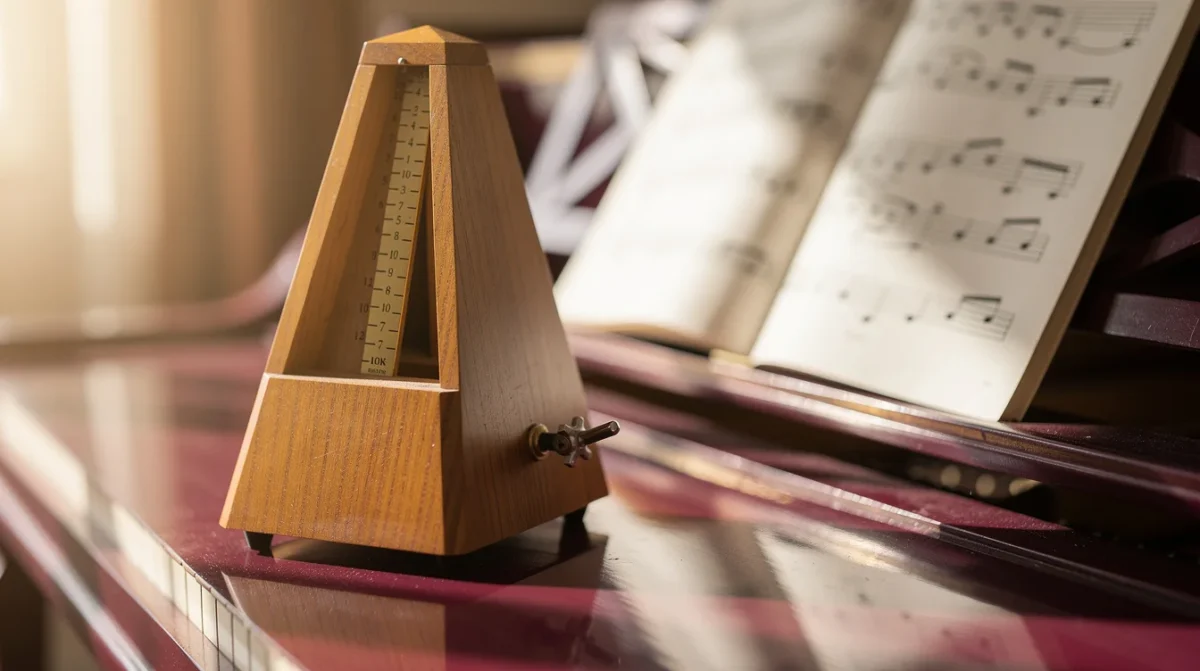 Métronome mécanique en bois sur un piano, partition ouverte